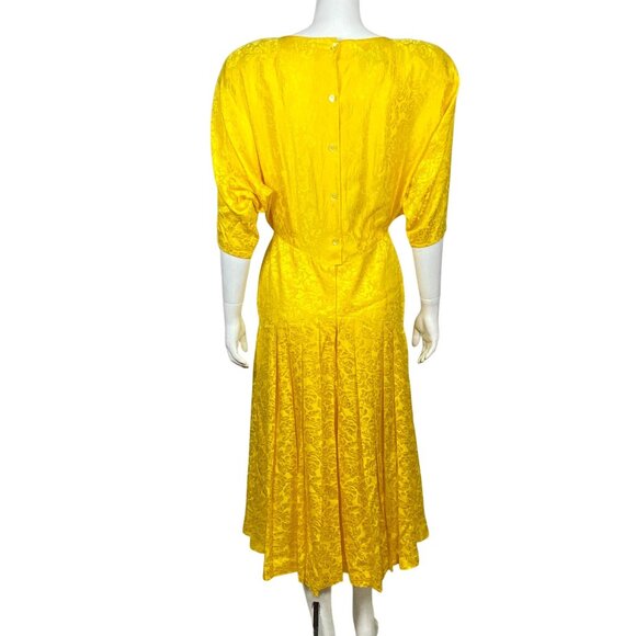 Vintage 80s Silk Studio 100% Silk Midi Dress Size 10 Floral Jacquard Pleated - Picture 5 of 6